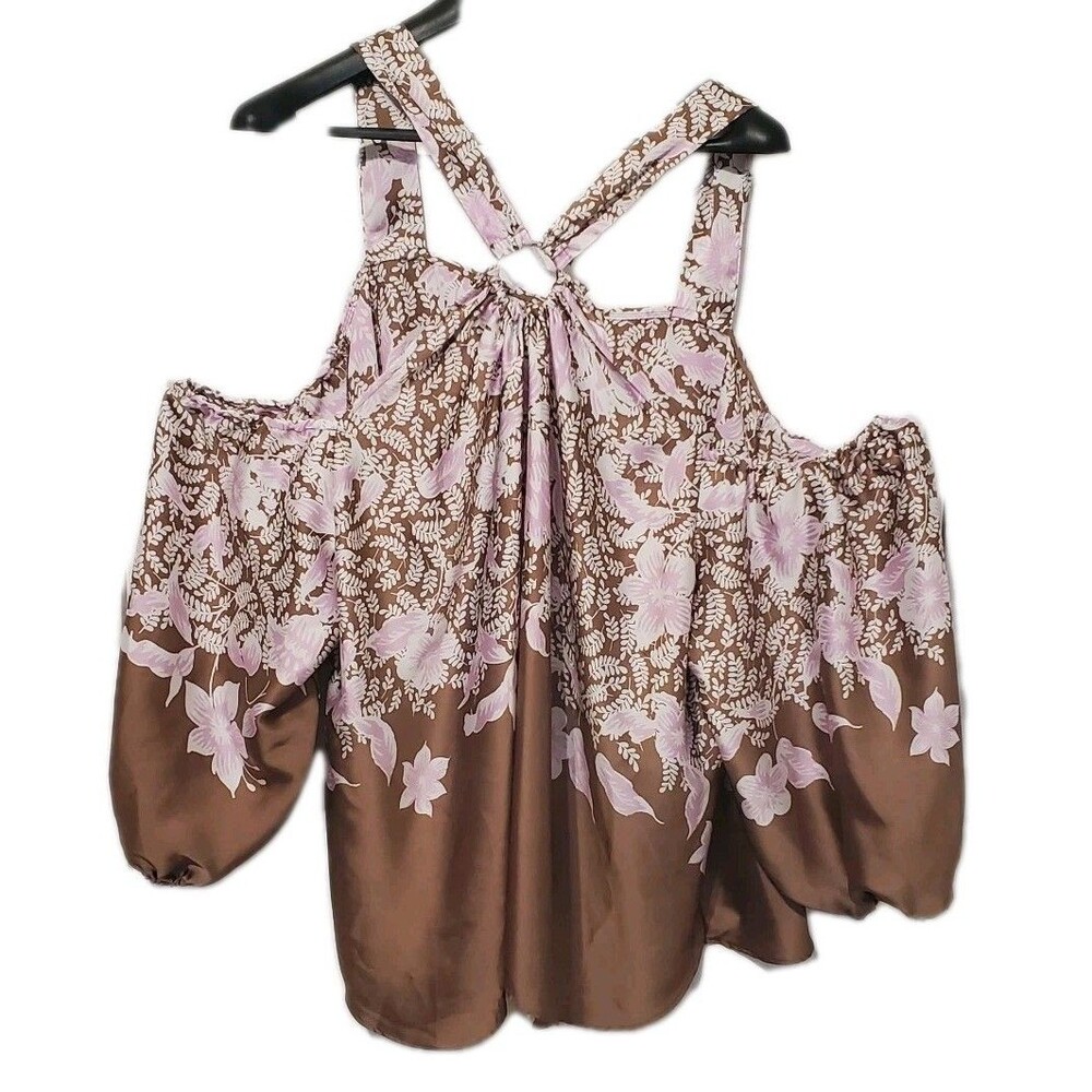 Cato Ring Halter Cold Shoulder Top 22/24W 4x Top Brown Pink Satin Floral Summer